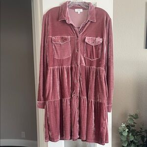 Umgee Dress Small Dusty Rose Velvet Ling Sleeve Button Down Pockets